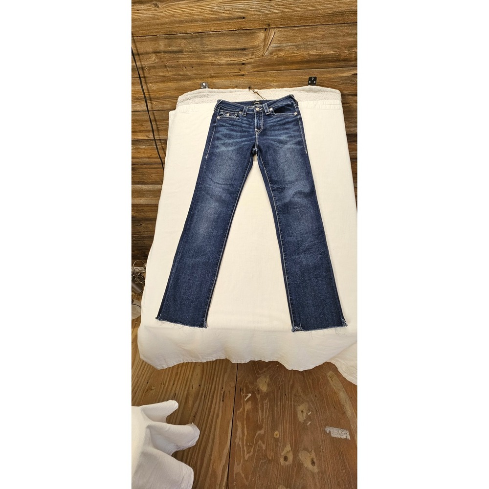 True Religion Billie Mid Rise Straight Leg Raw Hem Dark Wash Jeans Size 29